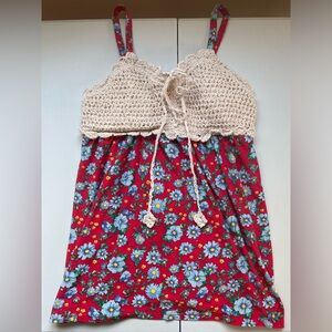 No Boundaries Crochet Bust Size S Babydoll Cami Tank Padded Red Floral Tassel